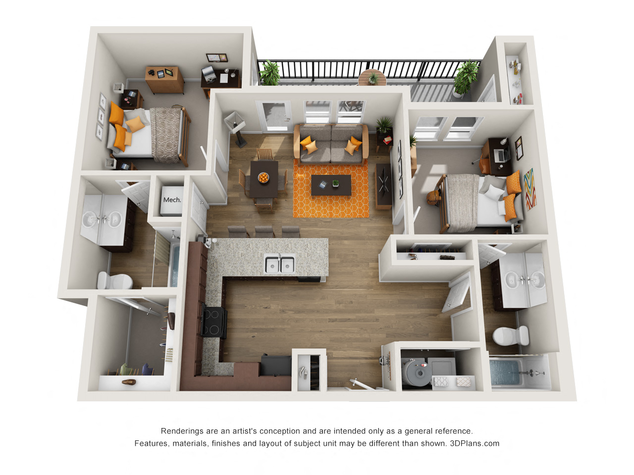 Floor plan for 2 beds, 2 baths, 999 sqft